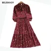 Koreaanse stijl lange mouw vintage bloemen vrouwen jurk met sjerpen zoete ruches chiffon jurken elegante chique midi feest vestidos 210520