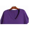 [EAM] Women Purple Big Size Casual Knitting Dress V-Neck Batwing Long Sleeve Loose Fashion Spring Autumn 1DD8229 210512