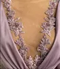 ASO EBI Arabische Dubai Sexy Lila Kant Kralen Prom Jurken Sheer V-hals Lange Mouwen Vloerlengte Formele Avond Feestjurk Jurken Jurken Groeden Custom Made