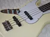 Hög kvalitet-4 strängar vänster gul elektrisk basgitarr med rosenträ, vit pickguard