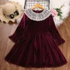 2022 Meninas da Primavera Meninas Princesa Veludo Manga Longa Vestido de Laço Vinho Sólido Girl Vestido Kids Party Frocks