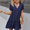 V Yaka Tek Göğüslü Fill Trim Gömlek Elbise Moda Casual Kadın Yaz Kısa Kollu Cep Gevşek Mini 210510