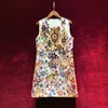 European and American women's summer 2021 new Sleeveless heavy stitching beads Court print jacquard Fashionable dress