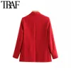 TRAF Kobiety Vintage Stylowe Office Wear Red Blazer Płaszcz Moda Długie Rękaw Kieszenie Kobiet Odzież Odzszenice Chic Topy 210930