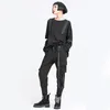 [EAM] 높은 탄성 허리 블랙 포켓 리본 긴 하렘 바지 느슨한 맞는 바지 여성 패션 봄 가을 1dd6056 210512