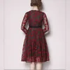 Varış Bahar Nakış Vintage Zarif Dantel Elbise Kadınlar Kırmızı Rahat Ofis Dresse Vestidos 210520