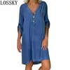 Dames Herfst Blauw Demin Losse Mini Jurk Casual Diepe V-hals Half Mouw Koreaanse Stijl Vestidos Solid Fall Shirt Short 210507