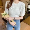 Sommar O Neck Puff Short Sleeve Pläterad Chiffon Blus Kvinnor Koreansk Vintage Slim Top Kvinna Casual Lace Woman Shirts 14349 210512