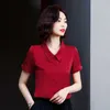 Summer Korean Fashion Satin Women Shirts Turn-down Collar Short Sleeve Office Lady Buttoned Shirt Plus Size XXXL Pink Tops 210531