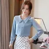 Women Blouses Chiffon Shirts for Elegant Woman Doll Collar Beading Long Sleeve Ladies Tops Plus Size 210531