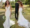 Seksowne Suknie Ślubne Syrenki Suknie Spaghetti Paski V-Neck Backless Aplikacje Sweep Pociąg Bride Suknia