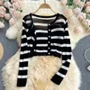 Black and White Striped Long Sleeve Knitted Sweater Cardigan Spaghetti Strap Bodycon Midi Dress Suit Two Pieces Sets 211106