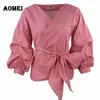 White Shirts Blouses Peplum Tops Puff Sleeves with Waist Belt Bowtie V Neck Large Size Women's Fashion Female Clothes Blusas 210326