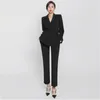 Office Workwear Mulheres Coreanas Blazer Pant Ternos Conjuntos Outono Duplo-Breasted + Calças Moda OL Estilo Trabalho 210513