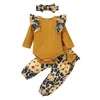 2021 Vinter Spädbarn Baby 3pcs Kläder Set Långärmade Tjejer Ruffles Romper Bodysuit + Leopard Blommigryckta Byxor Outfits Kläder 4Colors