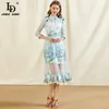 Мода взлетно-посадочная полоса летнее платье женское стенд воротник лук сетка вышивка принт леди элегантный MIDI Vestidos 210522