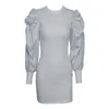 PERHAPS U Noir Gris Col Montant Manches Bouffantes Manches Longues Mini Robe Courte Élégant Hiver Automne Piste Tricoté Gaine D1528 210529