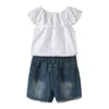Toddler Summer Baby Kids Girls Clothes 3D Flower print senza maniche Ruffle girocollo pullover T-shirt Denim Hole Pants 2pc cotton Set 55 Z2