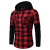 Red Black Plaid Hoodie Shirt Men Fashion Fake Two Pieces Check Hooded s Mens Hipster Streetwear With Pockets Xxl 210721