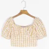 Frauen Blusen Shirts 2021 Chic Daisy Crop Top Tartan Bluse Harajuku Vintage Abgeschnitten Stickerei Kurzarm Ropa Mujer