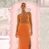 Sexig Streetwear Neon Orange Två Pieces Kjol Satser Kvinnor Tracksuit Fashion Halter Bandage Toppar och långa kjolar matchande set kostymer 210625