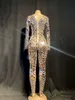 High Elastic Fashion Long Sleeve Mirrors Beading Sequined Mesh Jumpsuit Nightclub DJ Party Jumpsuit 210329