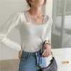 Pearl Frezowanie Cienkie Dzianiny Kobiet Pullover Topy Pełna Rękaw Kwadratowy Kołnierz Hollow Out Sweter Solidna Slim Moda Stylowe Bluzy 210513