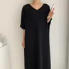 Spring Summer Women Dress 100% Pure Merino Wool Knitting Jumpers Long-Style Loose V-Neck Half-Sleeve Dresses Female Clothes 210527