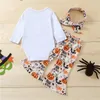 Kinderkleidungssets für Mädchen, Halloween-Outfits für Kleinkinder, Buchstaben-Schädel-Aufdruck, Tops + Kürbis-Schlaghosen + Schleife, Stirnband, 3 Teile/Satz, Frühlings- und Herbst-Babykleidung