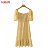 Tangada Summer Women Yellow Floral Print Robe Dress Puff Short Sleeve Ladies Mini Dress Vestidos 2M38 210609