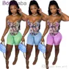 Mulheres de verão 2 Calças de duas peças Curta Set Off Ombro Printed Top + Shorts Yoga Fitness Roupas Plus Size A505
