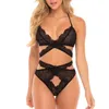 Sexy Women Cross Lace Wireless Bra Black Lingerie Thong Set Underwear -selling Vintage Solid Color Women's Panties