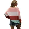 Autumn Patchwork Color Stretch Sweater For Women O-neck Long Sleeve Office Lady Streetwear Casual Sweaters And Pullovers 210608