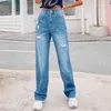 Mode casual lös hög midja jeans för kvinnor mopping hål denim byxor kvinna blå byxor full längd baggy jeans 210508