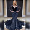 Sexy Black South African Mermaid Prom Dresses 2022 Lange Illusion Sleeves Tule Velvet Applique Kralen Avond Speciale Gelegenheid Cocktail Jurkjurken