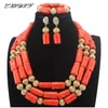 Örhängen halsband afrikanska orange korallpärlor smycken set nigeriansk bröllopsdräkt brud hd8590