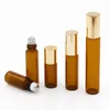 3ml 5ml 10ml Mini Rulo Cam Şişe Koku Parfümü Amber Kahverengi Kalın Cam Şişeler Esansiyel Yağ Şişesi Çelik Metal Silin