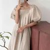 Women Khaki Fold Simplicity Dress Square Collar Half Puff Sleeve Loose Fit Fashion Summer Robe 2F0363 210510