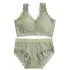 Kvinnor Sommaris Silke Ribbed Sport Underkläder Set Scalloped Lace Trim Wirefree Padded Bra Panty Briefs Fitness Lingerie Bras Sets