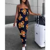 Bahar ve Yaz Yeni Off-omuz Seksi Bayanlar Elbise Moda kadın Ayçiçeği Baskı Uzun Sıkı Elbise Rahat Vahşi Kolsuz 210323