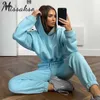 Missakso Mode Deux Pièces Ensemble Streetwear Hoodies Outfit Poches Automne Hiver Haut Et Pantalon Casual Femmes Sport Ensembles Blanc Rose 210625