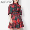 Print vintage zomerjurk voor vrouwen stand kraag bladerdeeg mouw hoge taille mini rode jurken vrouwelijke mode-stijl 210520