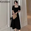 Korobov Sommer Neue Chic Schnürung Bogen Frauen Kleid Vintage Elegante Hohe Taille Süße Kleider Kurzarm Vestidos 2a650 210430