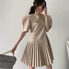 Kvinnor Casual Dress Sommar Koreanskt Chic Ladies Sweet Doll Collar High Waist Puff Sleeve Stitching Plissed Mini Dress Vestidos 210518