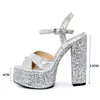 Gorgeous Bling Sequined Super High Heels 13CM Sandalias Mujeres Plataforma de cuero genuino Zapatos de fiesta de boda Plata 41