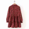 Neue Frauen Vintage Falten roten Blumendruck Minikleid weibliche Langarm Casual Vestidos Chic süße Rüschen schicke Kleider DS3045 201025