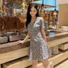 Moda Damska Mini Sukienka Lato Temperament Plaid Spódnica Krótki rękaw dla kobiet 210520
