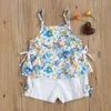 1-5Y Summer Flower Toddler Kid Child Girls Clothes Set Beach Holiday Travel Costumes Floral Vest Bow Byxor Outfits 210515