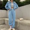 Casual losse twee stukken blauwe set bear patch rits hoodies + harem sweatpants Koreaanse schattige outfits pak sets 210519