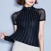 Mode Frauen T-shirt Damen Tops Koreanische Sommer Kurzarm Top für Frauen Shirts Plus Größe Gestreiften Rüschen Schwarz Hemd 210527